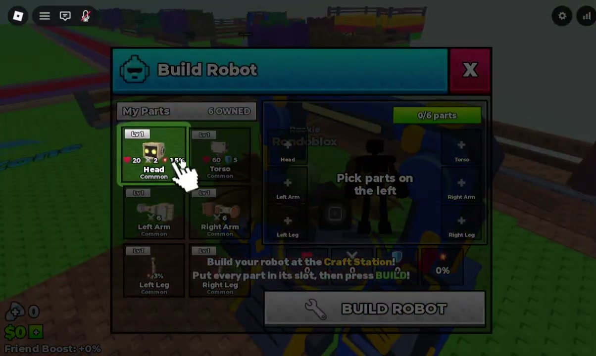 Build Robot panel listing six owned parts and the six empty body slots