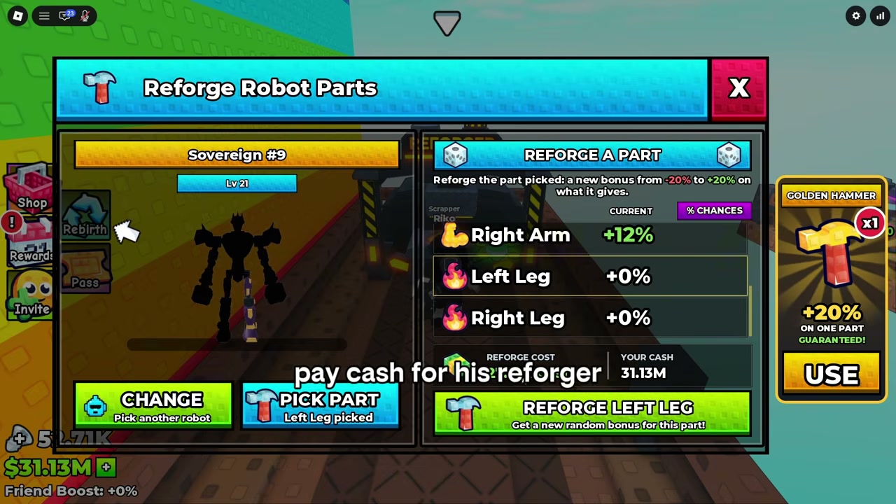 Reforge screen showing a selected part and a minus 20 to plus 20 percent range